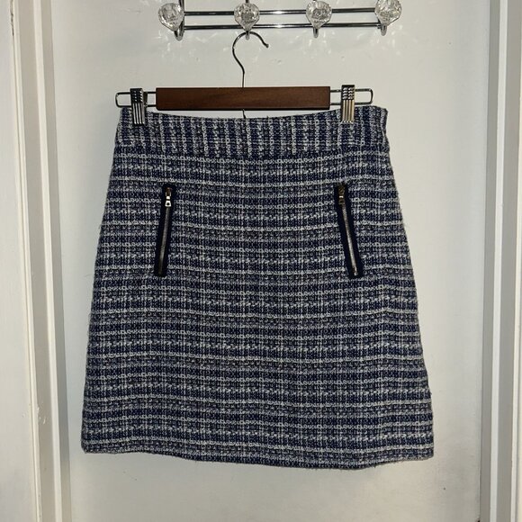 Loft Blue Tweed Print Zipper Pocketed Preppy Y2K Retro Mini Skirt Size 0 - Picture 2 of 10